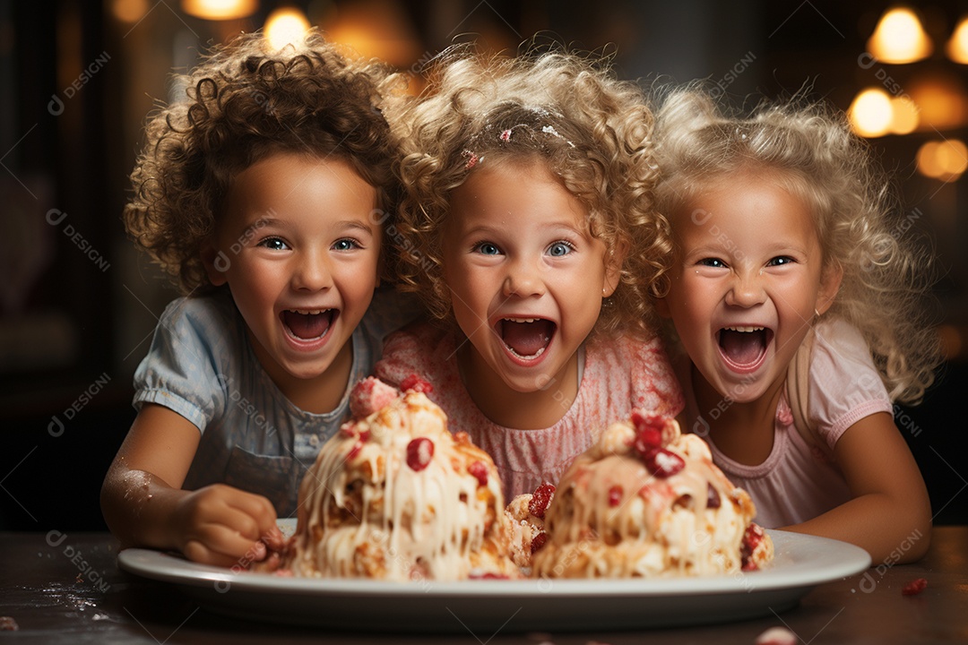 Crianças se divertem e brincam na mesa do bolo