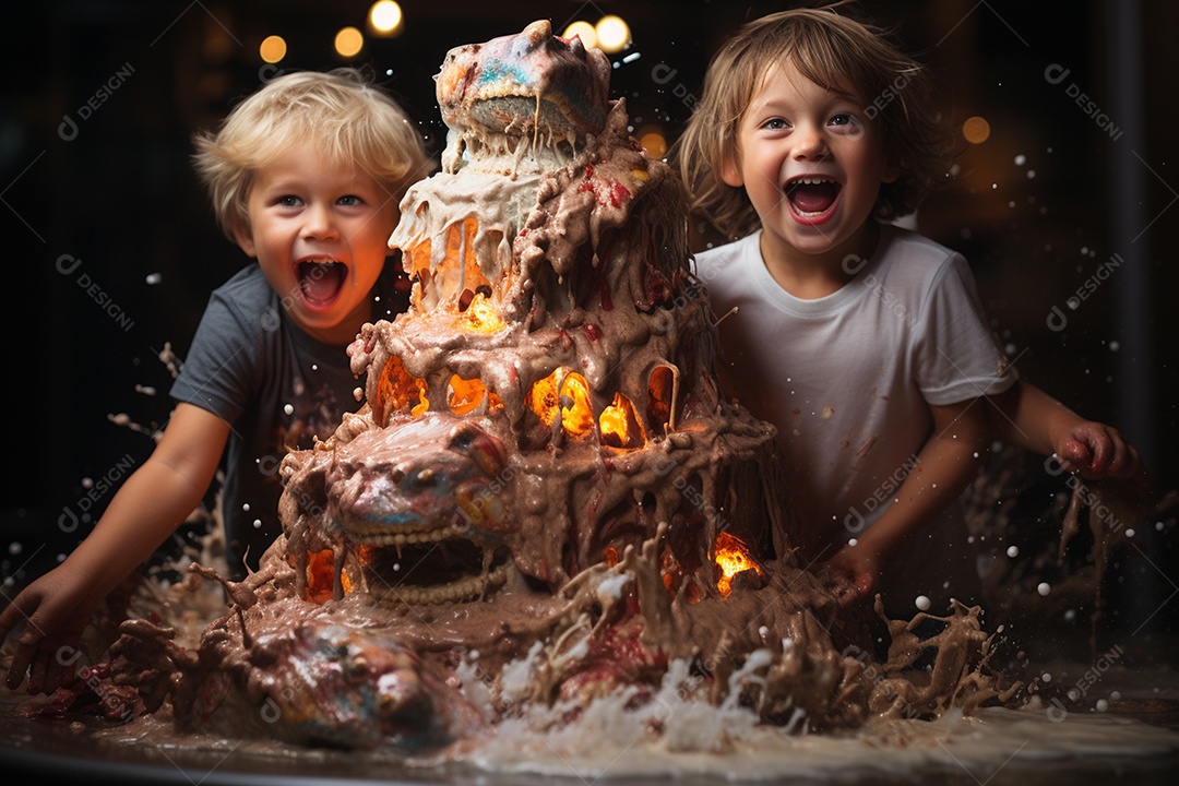Crianças se divertem e brincam na mesa do bolo