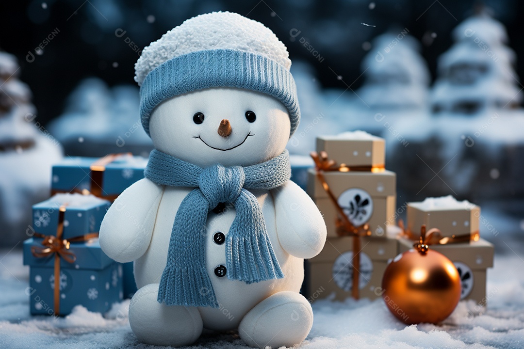 Imagem realista de presentes de natal ao lado de bonecos de neve