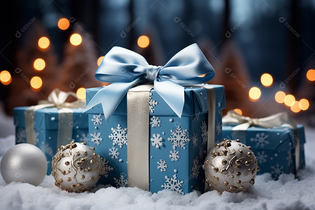 Imagem realista de presentes de natal ao lado de bonecos de neve