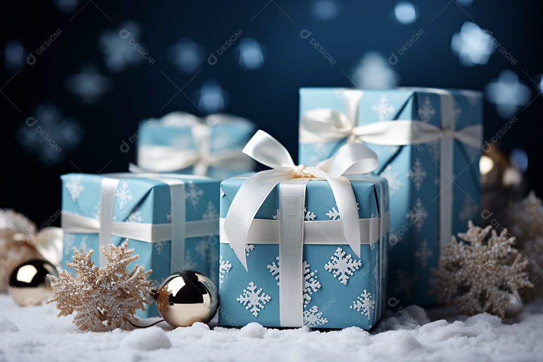 Imagem realista de presentes de natal ao lado de bonecos de neve