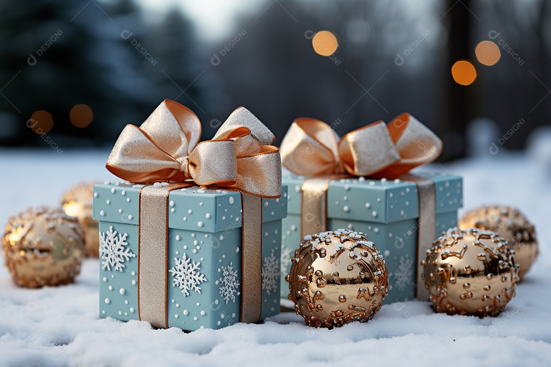 Imagem realista de presentes de natal ao lado de bonecos de neve
