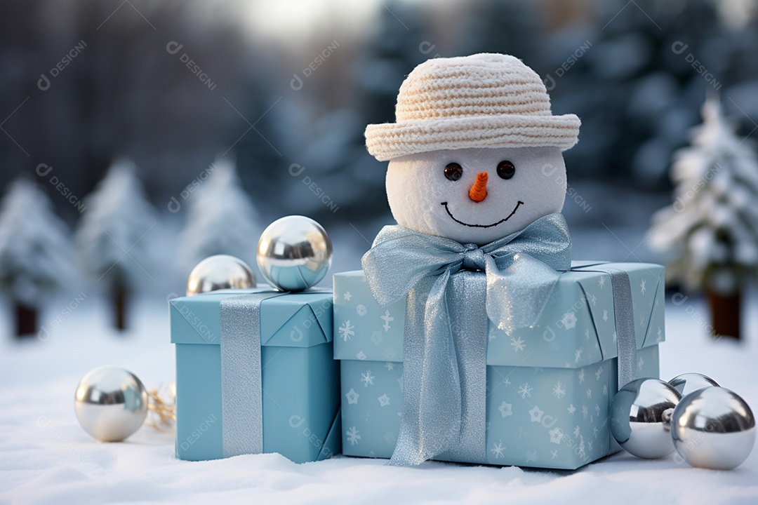 Imagem realista de presentes de natal ao lado de bonecos de neve