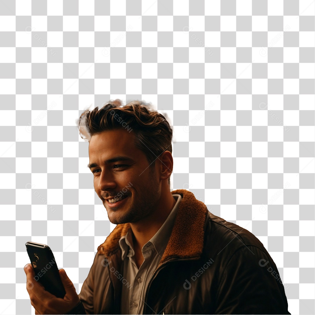 Homem Estiloso com Celular nas Mãos PNG Transparente