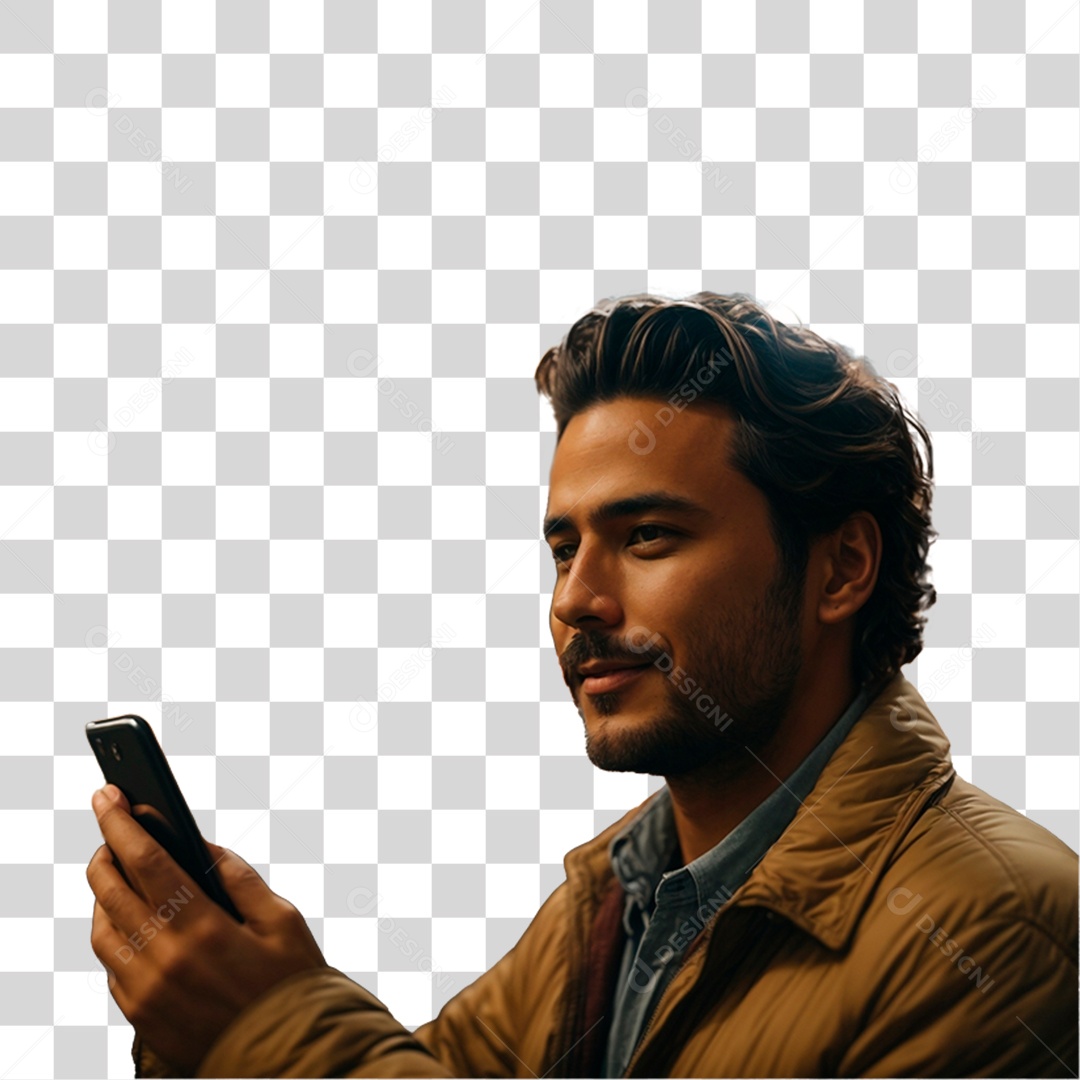 Homem Estiloso com Celular nas Mãos PNG Transparente