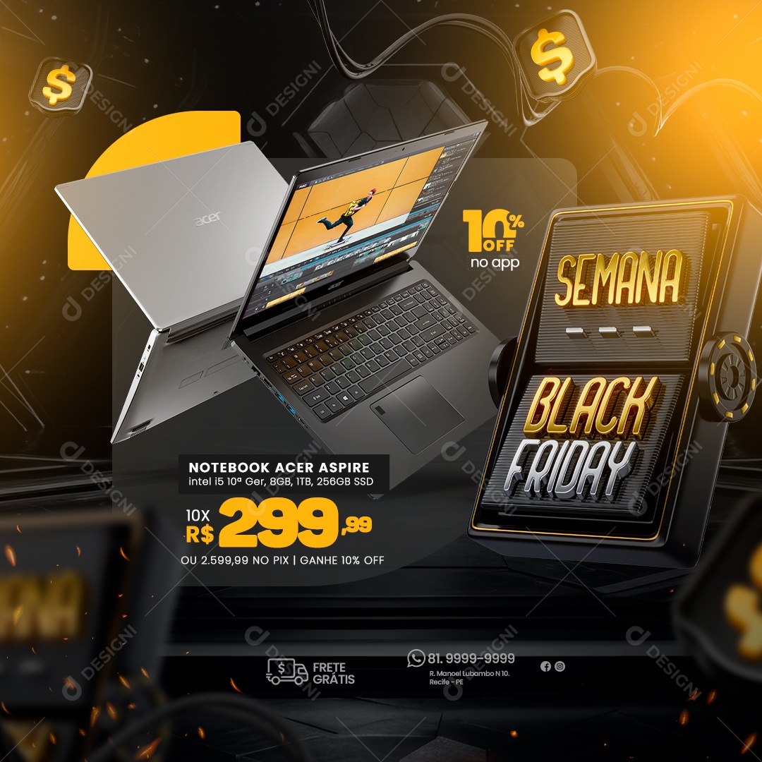 Semana Black Friday Loja de Eletrônicos Notebook Acer Aspire 10% Off no App Social Media PSD Editável