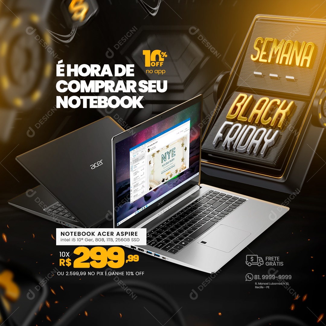 Semana Black Friday Loja de Eletrônicos é Hora de Comprar seu Notebook Acer Aspire 10% Off Social Media PSD Editável