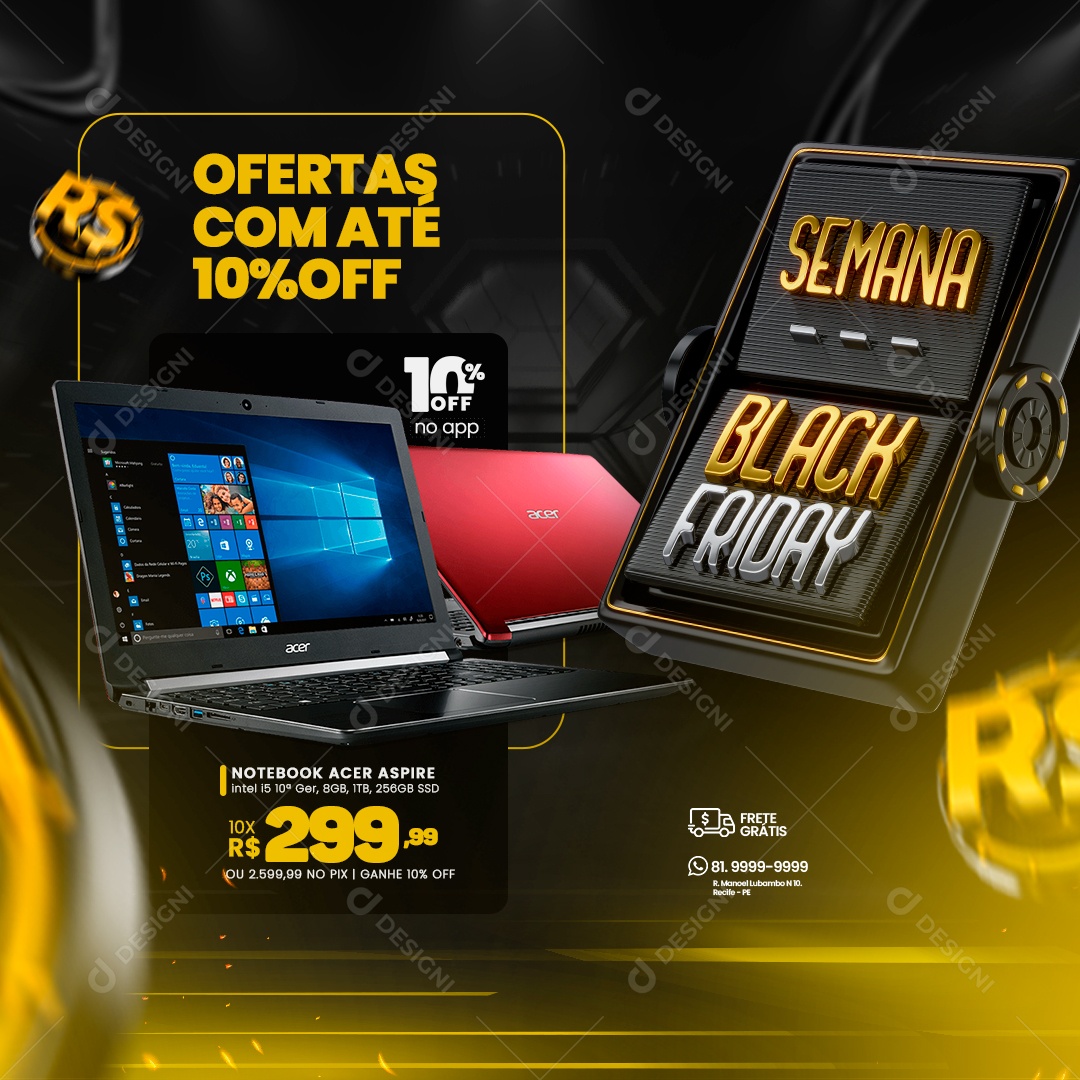 Black Friday Loja de Eletrônicos Ofertas com Até 10% Off Notebook Acer Aspire Social Media PSD Editável