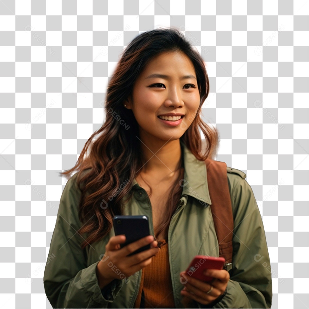 Mulher com Celular nas Mãos PNG Transparente