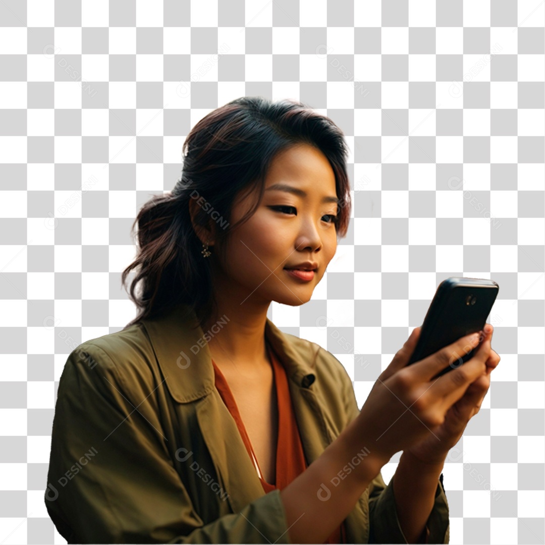 Mulher com Celular nas Mãos PNG Transparente