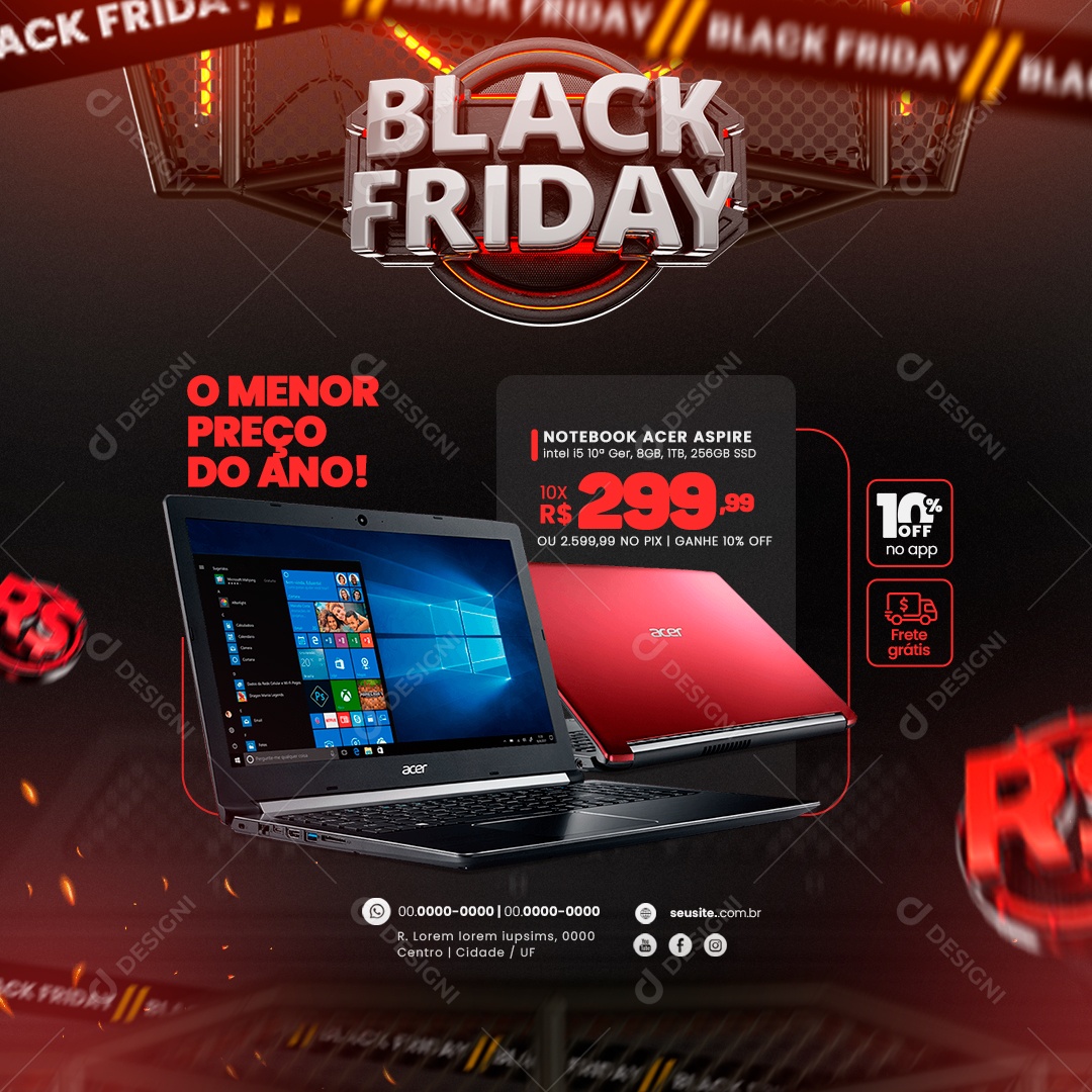 Black Friday Loja de Eletrônicos O Menor Preço do Ano Notebook Acer Aspire Social Media PSD Editável