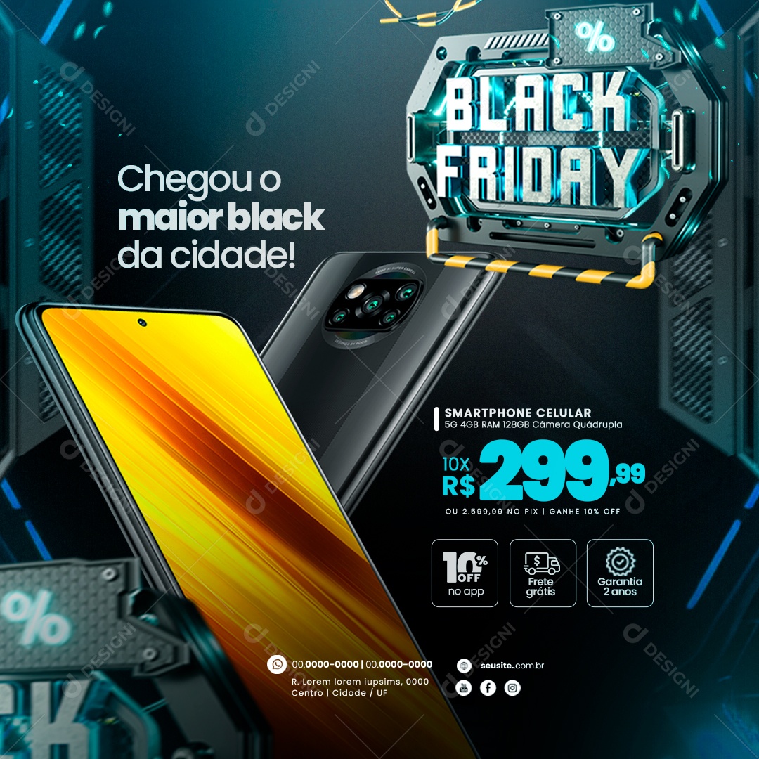 Black Friday Loja de Eletrônicos Chegou o Maior Black da Cidade Smartphone Celular 10% Off no App Social Media PSD Editável