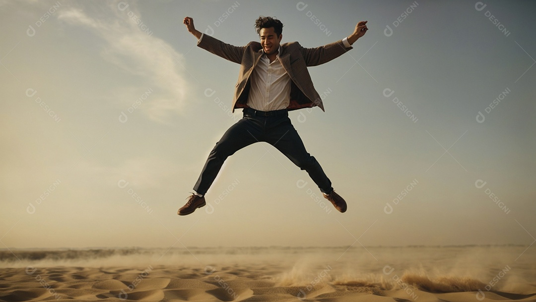 Homem pulando sobre areia