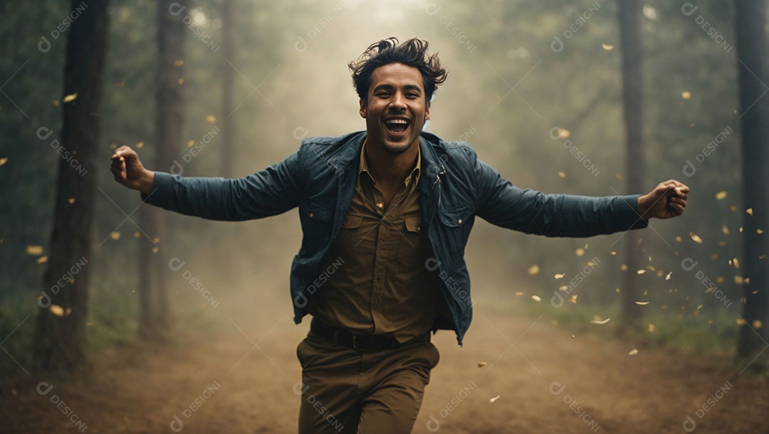 Homem moreno correndo sobre uma floresta.