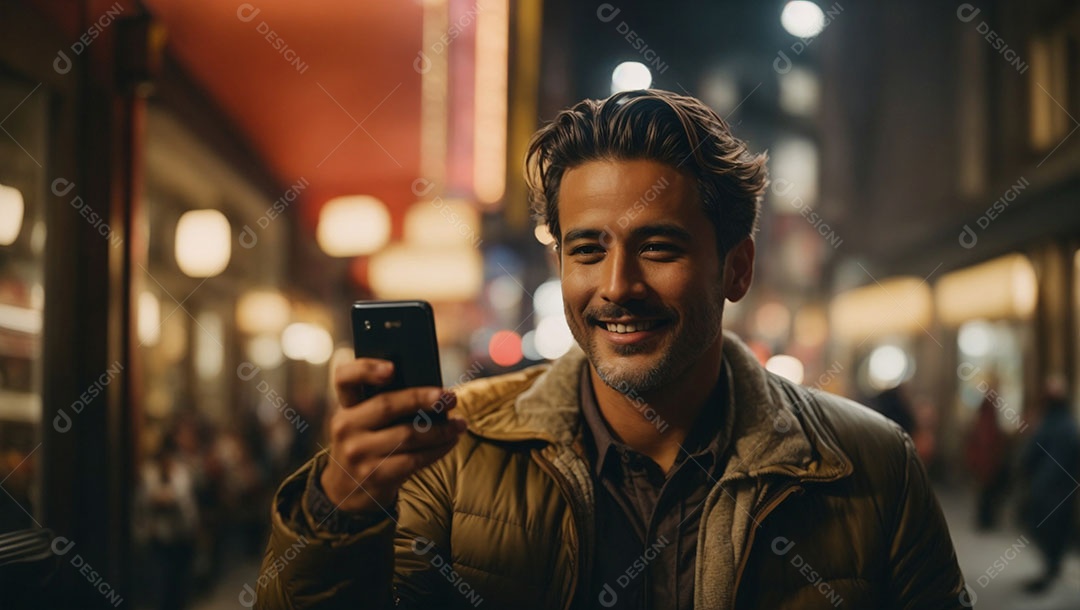 Homem moreno segurando celular sobre fundo desfocado.