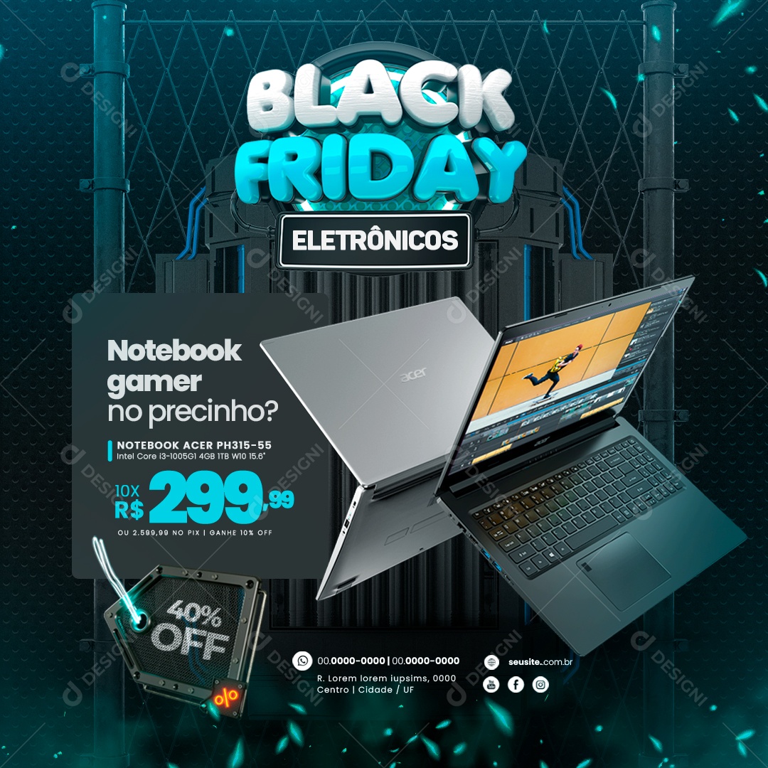 Black Friday Loja de Eletrônicos Notebook Gamer no Precinho 40% Off Social Media PSD Editável