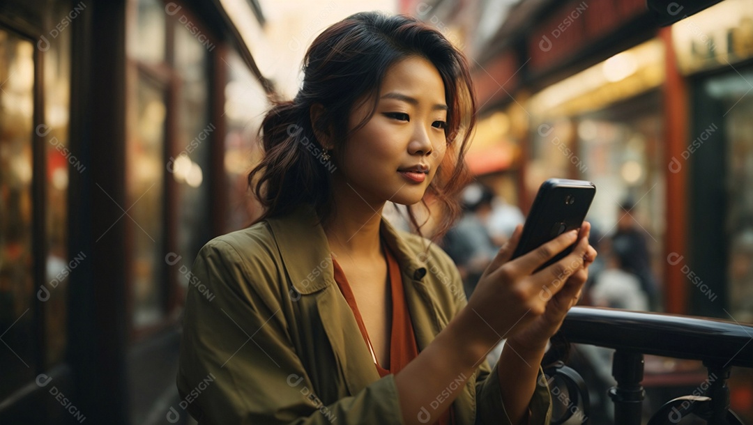 Linda mulher asiática usando celular