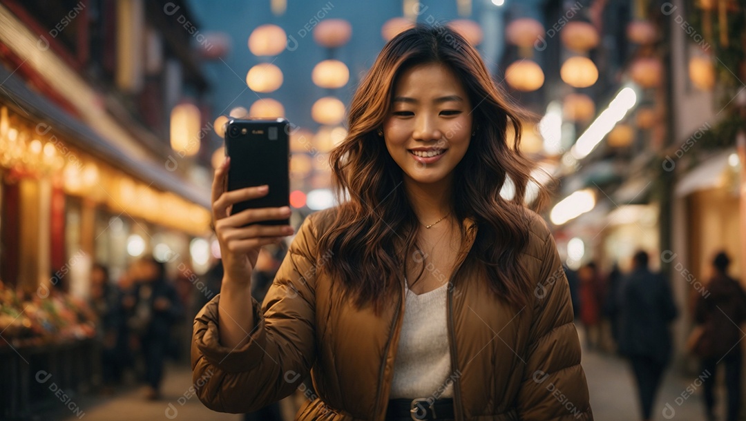 Linda mulher asiática usando celular