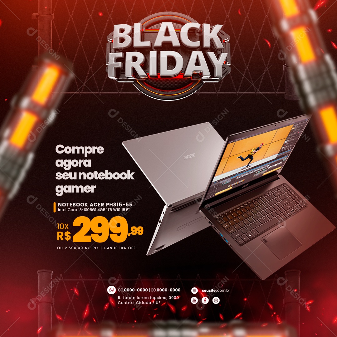 Black Friday Loja de Eletrônicos Compre Agora seu Notebook Gamer Acer PH315 Social Media PSD Editável