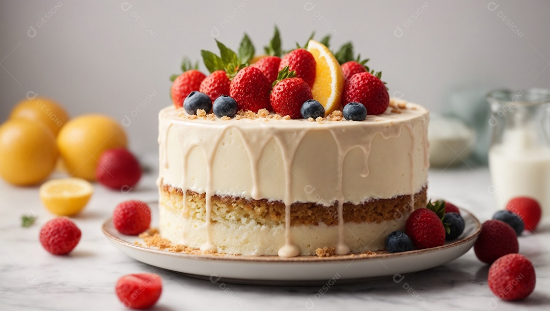 Lindo bolo decorado com frutas vermelhas