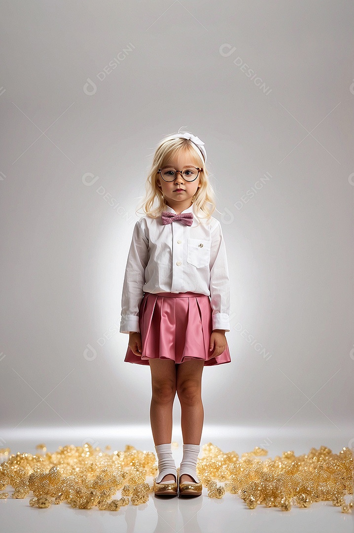 Criança asiática com cabelo loiro vestida de moda em pé com tornozelos cruzados