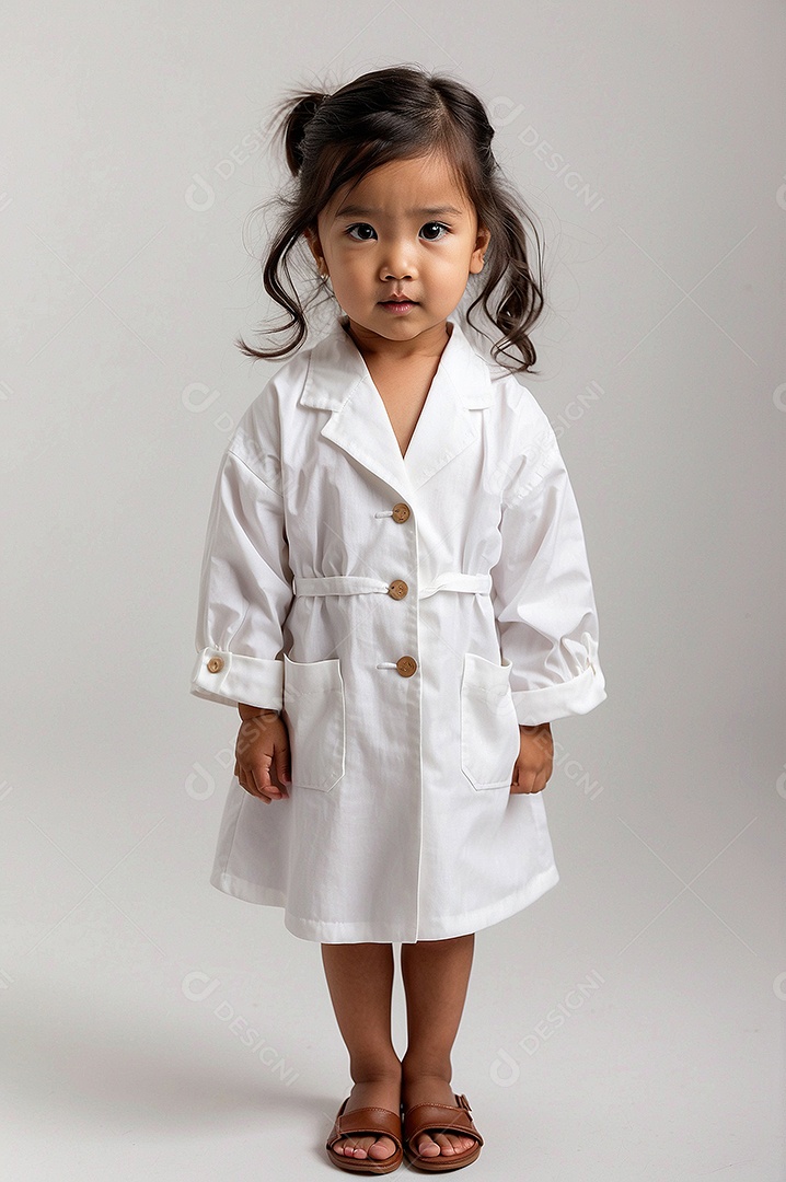 Criança asiática com cabelo preto vestida de moda em pé com tornozelos cruzados