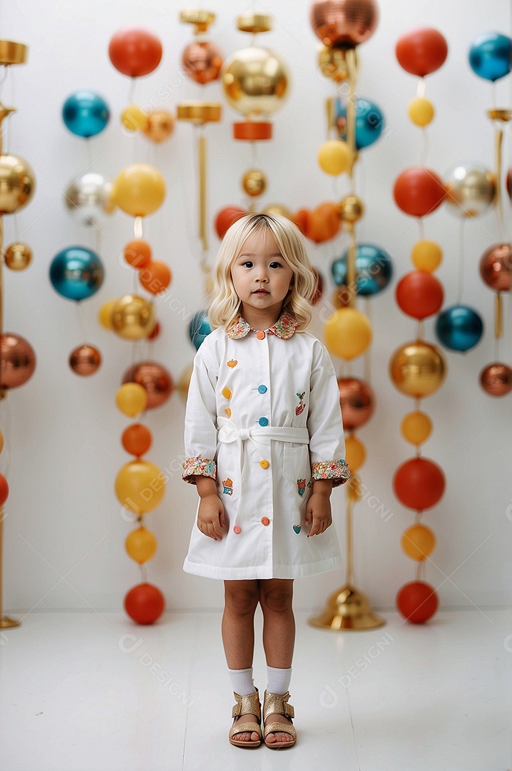 Criança asiática com cabelo loiro vestida de moda em pé com tornozelos cruzados