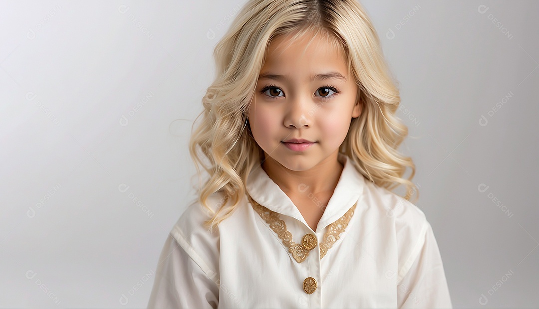 Criança asiática com cabelo loiro vestida de moda em pé com tornozelos cruzados