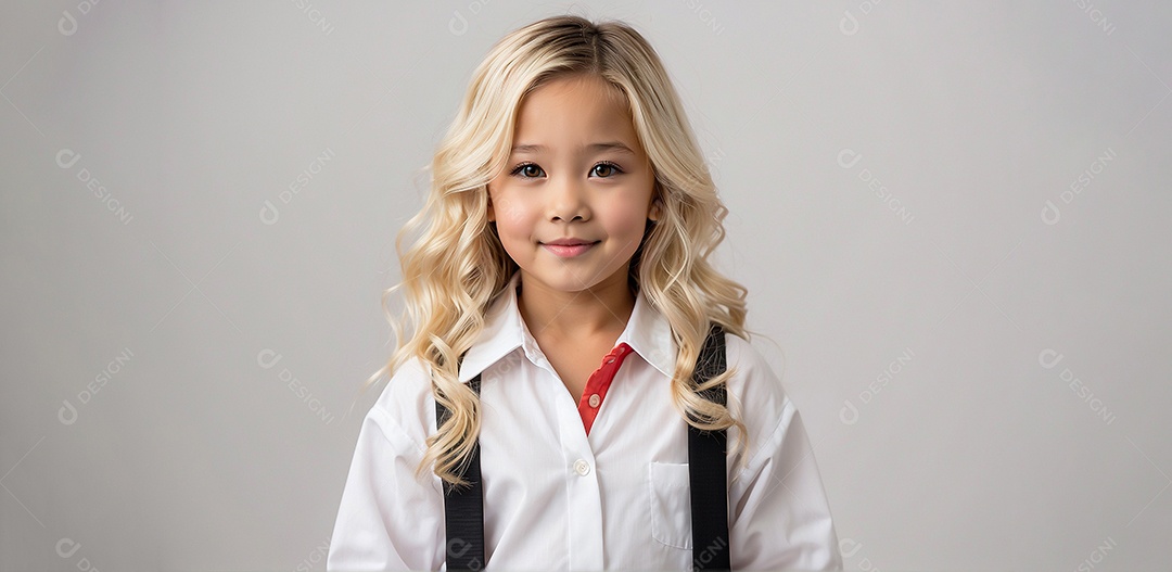 Criança asiática com cabelo loiro vestida de moda em pé com tornozelos cruzados