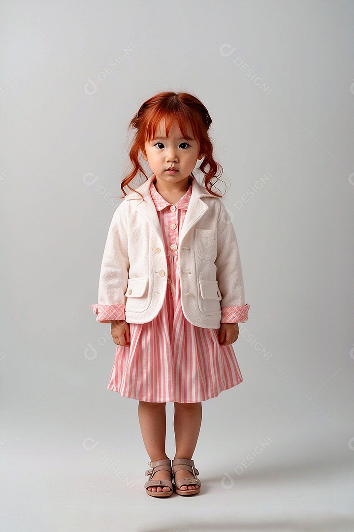 Criança asiática com cabelo vermelho vestida de moda em pé com tornozelos cruzados