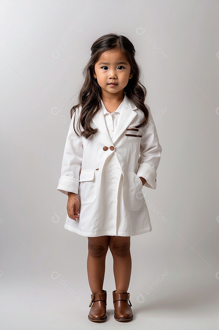 Criança asiática vestida de moda em pé com tornozelos cruzados