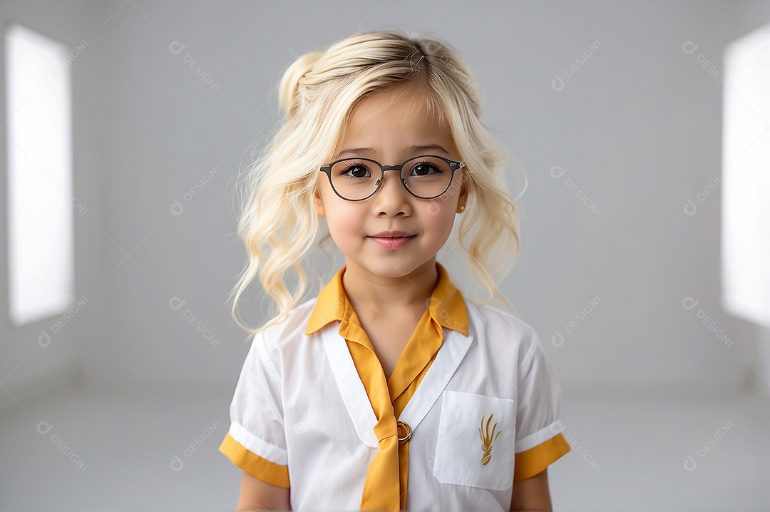 Criança asiática com cabelo loiro vestida de moda em pé com tornozelos cruzados