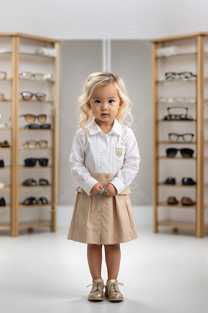 Criança asiática com cabelo loiro vestida de moda em pé com tornozelos cruzados