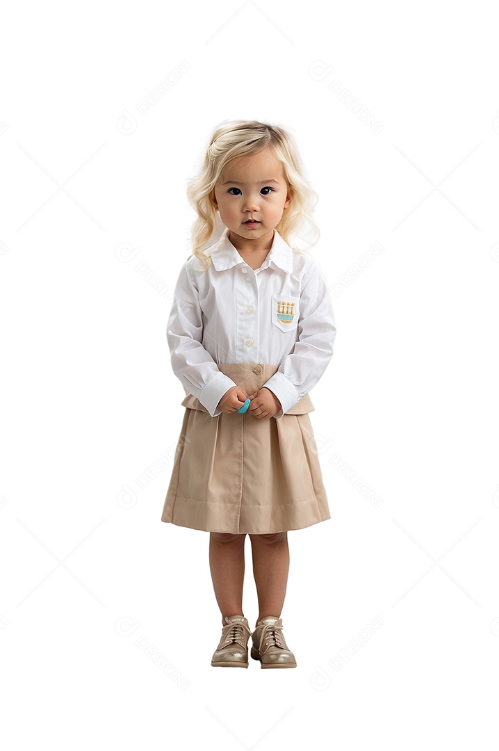 Criança asiática com cabelo loiro vestida de moda em pé com tornozelos cruzados isolados