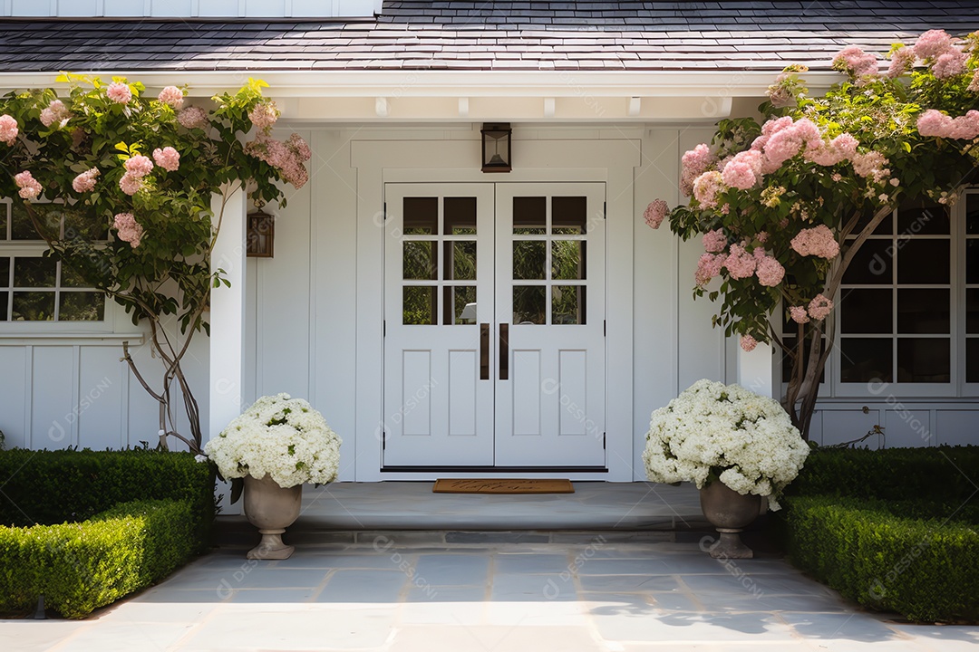 Exterior da porta da frente, casa estilo fazenda vintage na zona rural