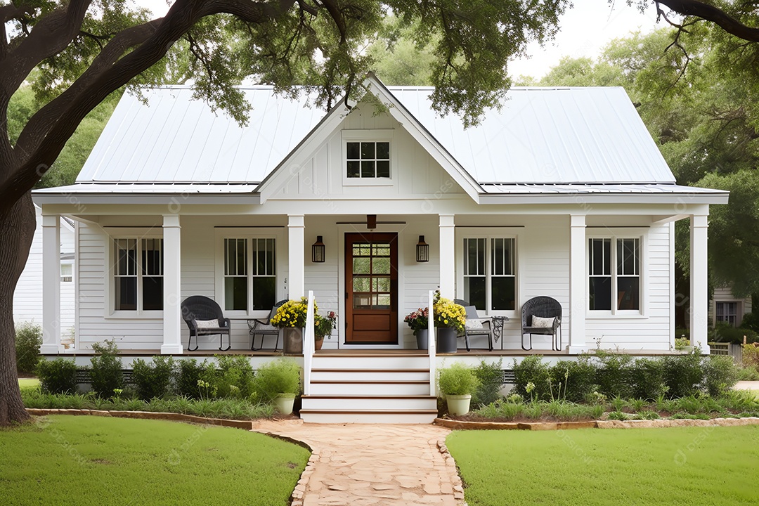 Exterior da porta da frente, casa estilo fazenda vintage na zona rural