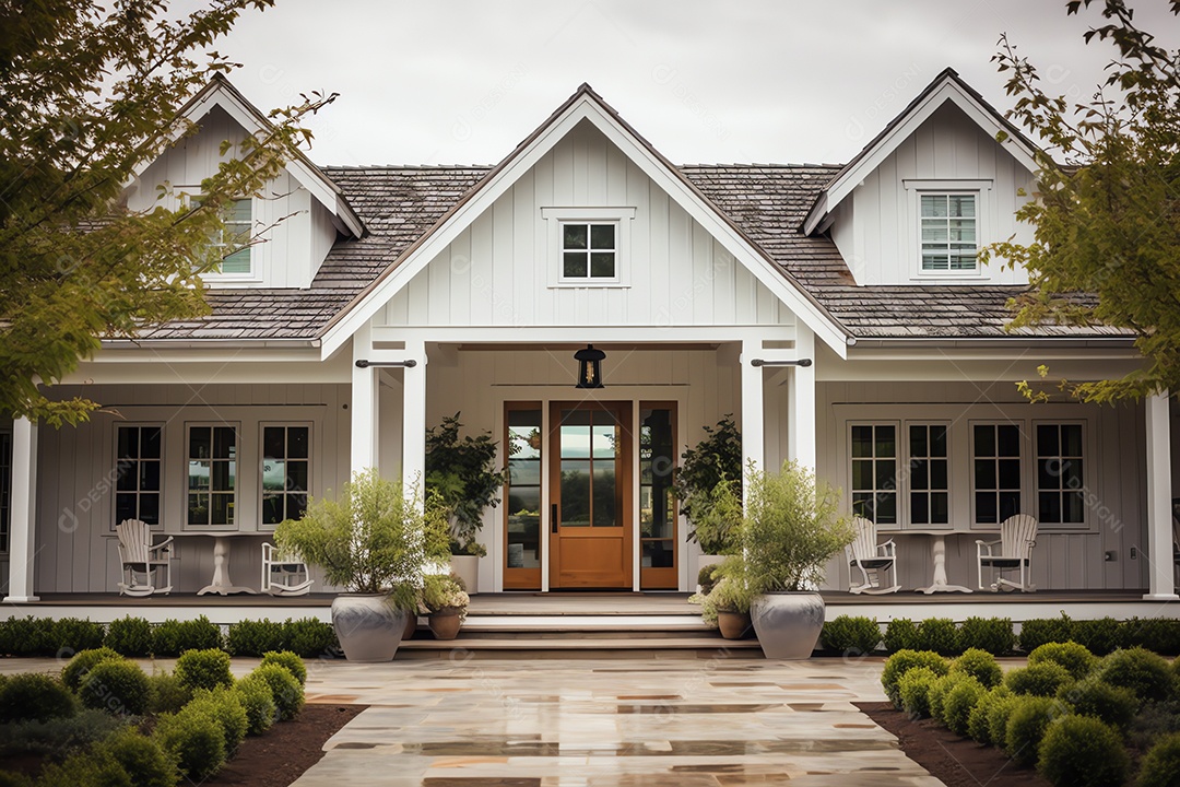 Exterior da porta da frente, casa estilo fazenda vintage na zona rural