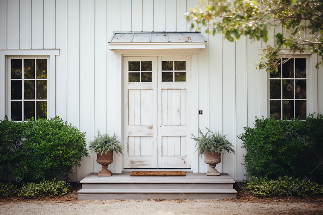 Exterior da porta da frente, casa estilo fazenda vintage na zona rural