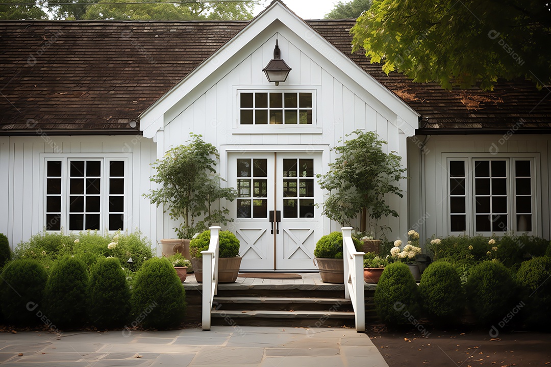 Exterior da casa de estilo fazenda de luxo na entrada da frente na zona rural