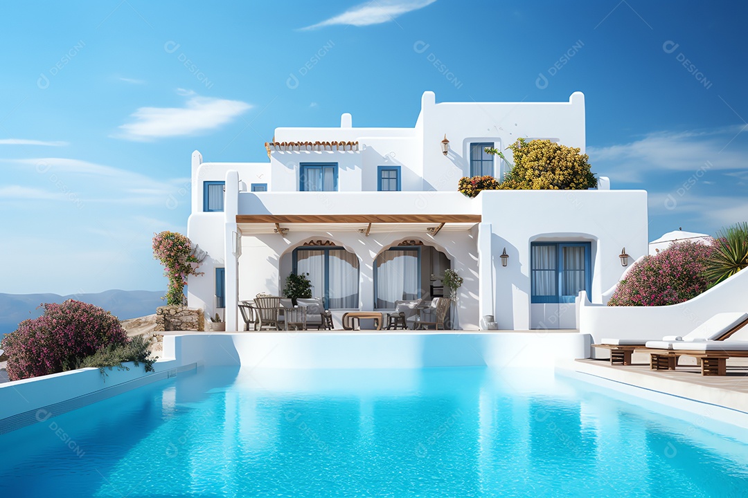 Casa mediterrânea tradicional com piscina nas férias de verão