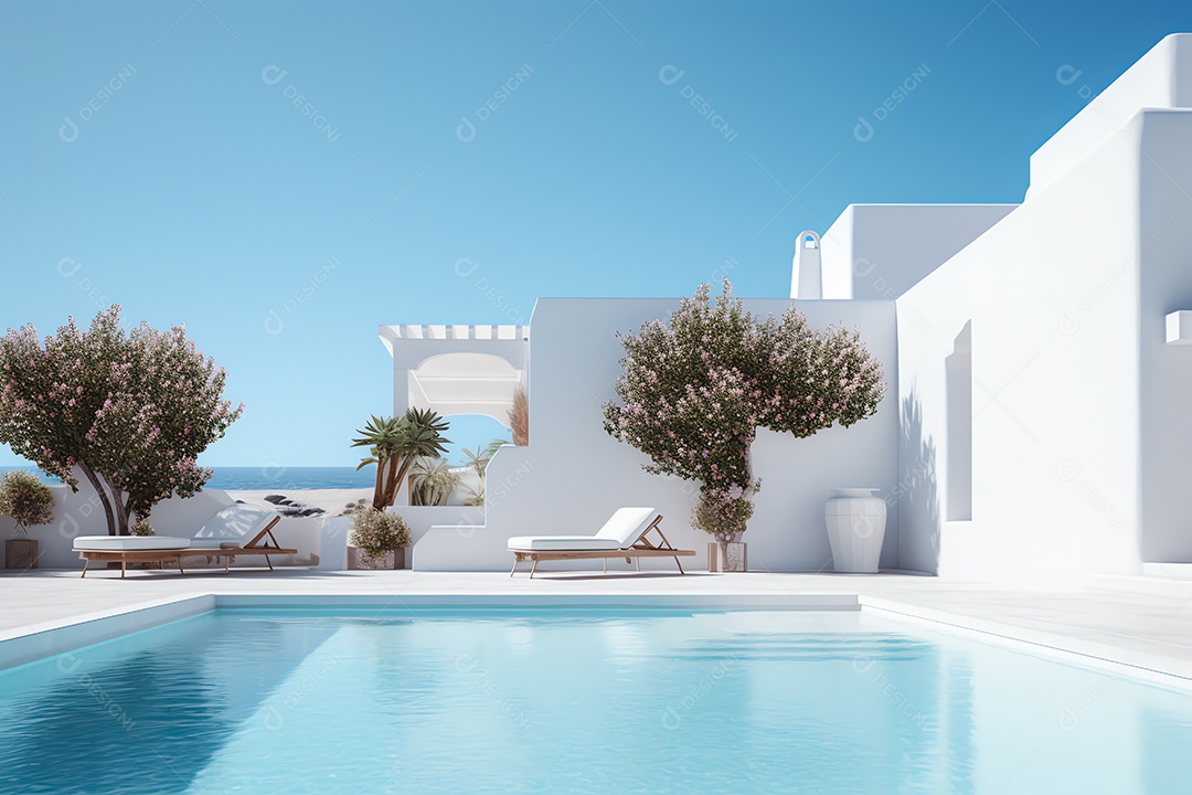 Casa mediterrânea tradicional com piscina, férias de verão