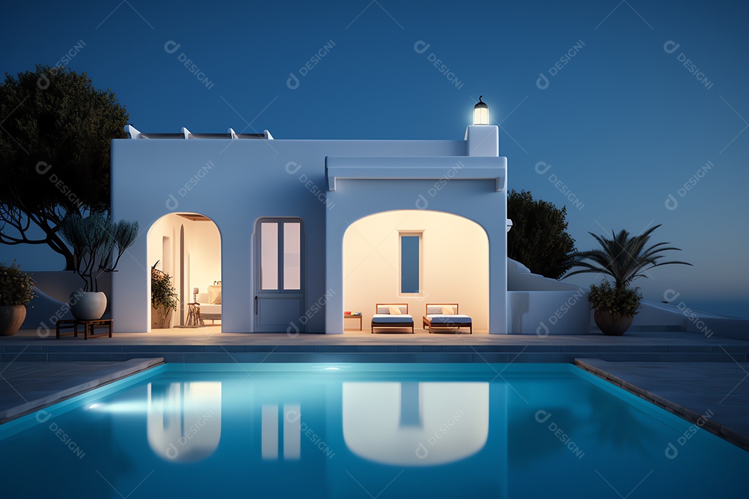 Casa mediterrânea tradicional com piscina, férias de verão