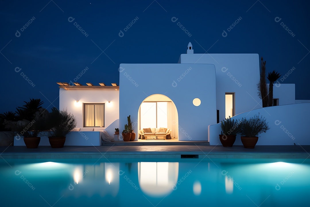 Casa mediterrânea tradicional com piscina nas férias de verão