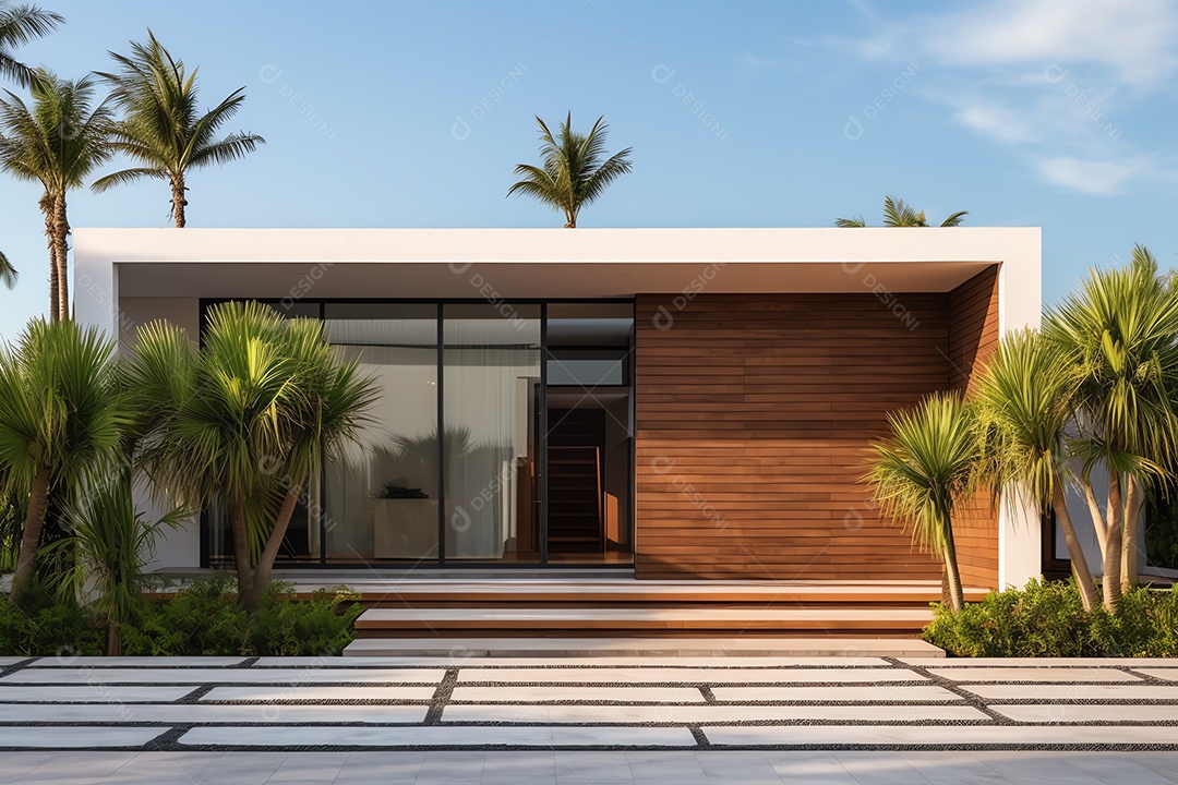 Exterior de luxuosa e moderna villa minimalista com piscina