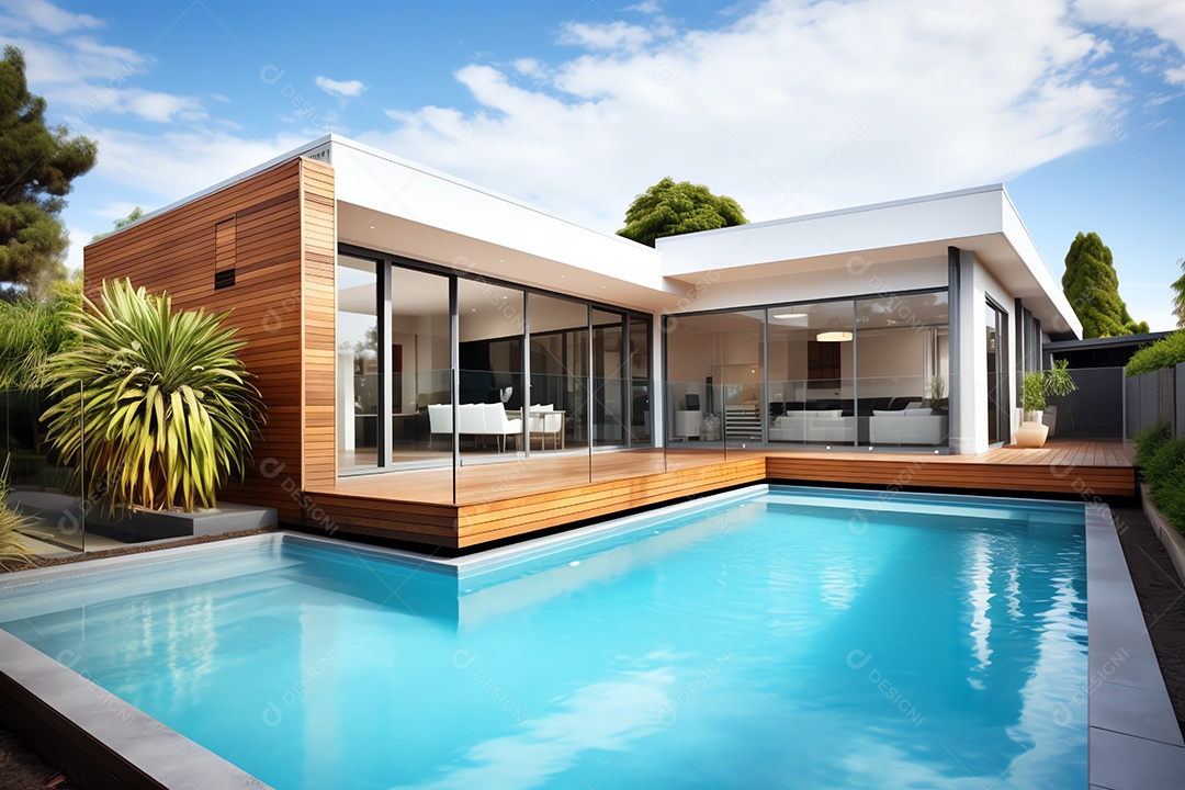 Exterior de luxuosa e moderna villa minimalista com piscina