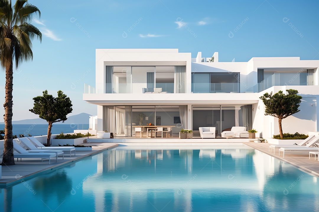 Exterior de luxuosa e moderna villa minimalista com piscina