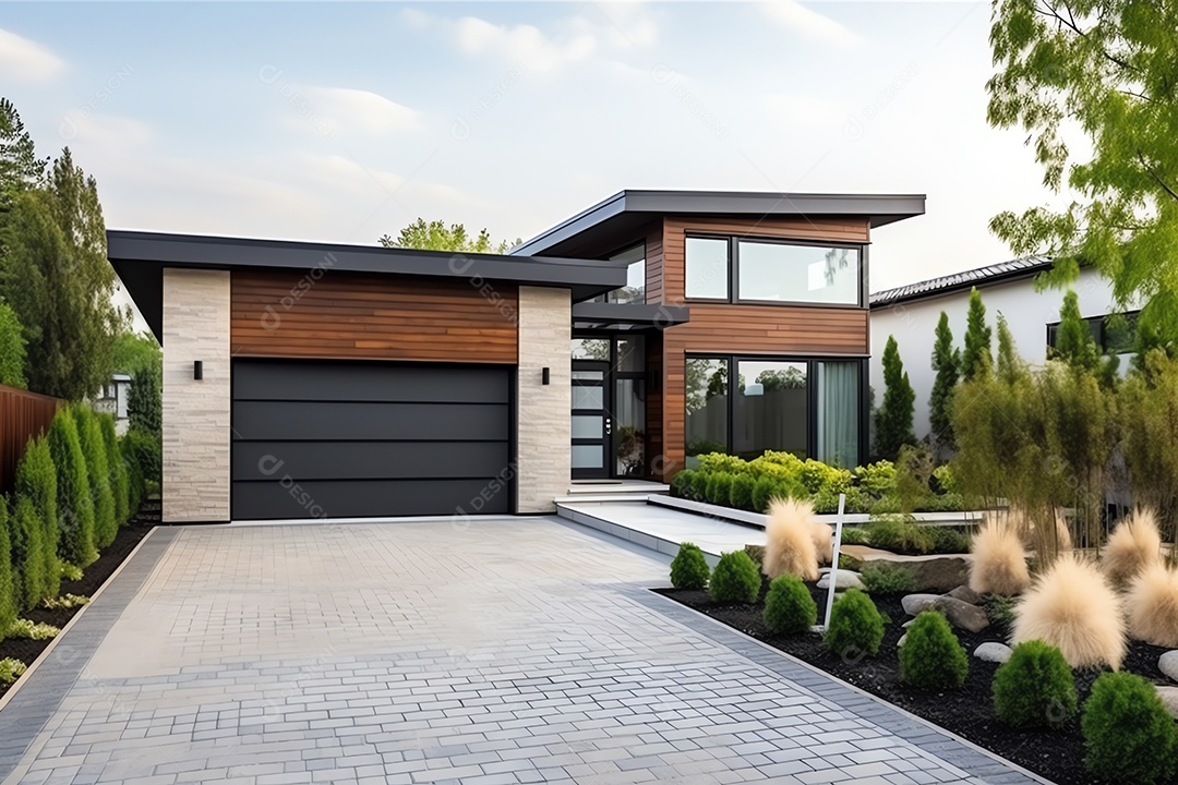 Fachada frontal exterior do novo estilo moderno de casa americana, arquitetura residencial