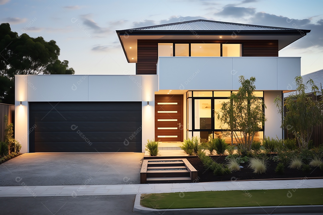 Fachada frontal exterior da nova casa moderna de estilo australiano, arquitetura residencial
