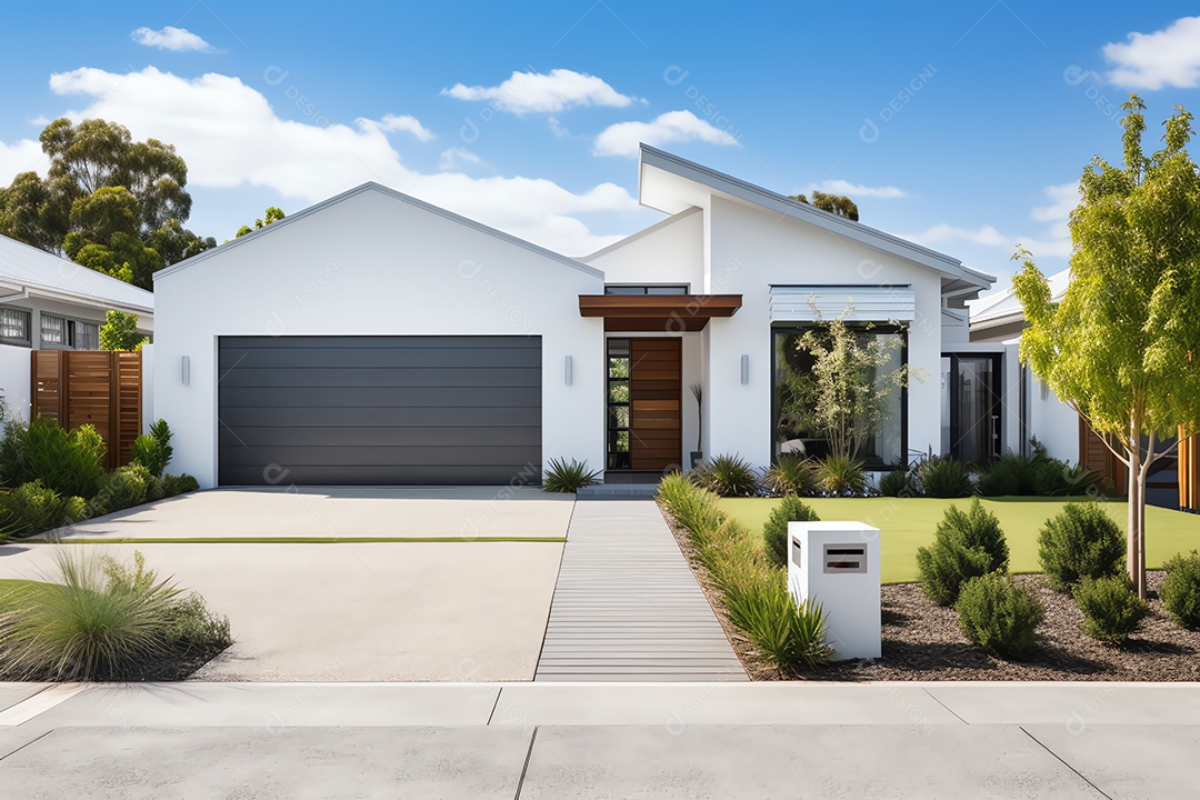 Fachada frontal exterior da nova casa moderna de estilo australiano, arquitetura residencial