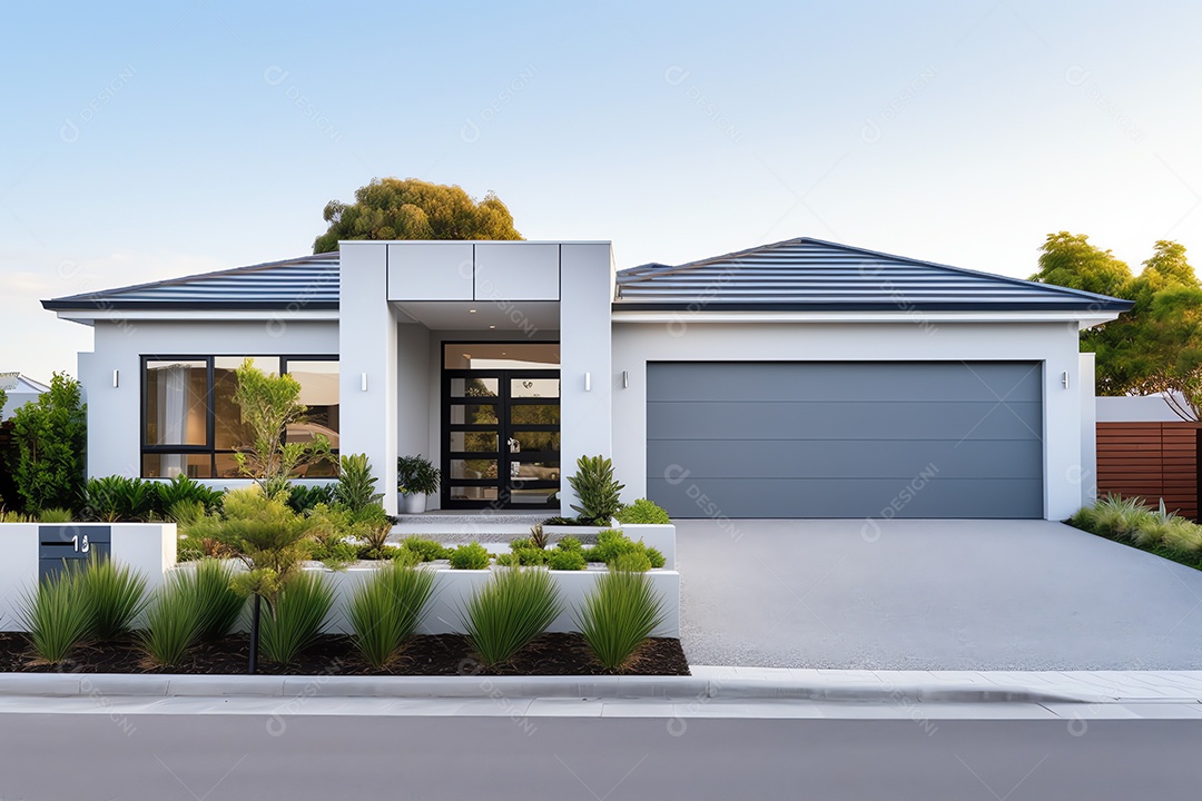 Fachada frontal exterior da nova casa moderna de estilo australiano, arquitetura residencial